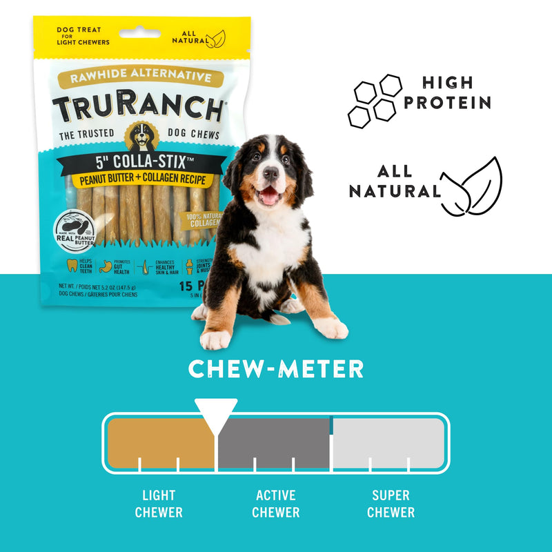 TRURANCH Collagen Sticks - 5" Collagen Sticks for Dogs - Long Lasting Healthy Joint Support - Rawhide Alternative - Skin & Coat Health - Made with Real Peanut Butter, Value Pack, 3 Bags, 45 Count Peanut Butter - 3 Pack (45 Count)