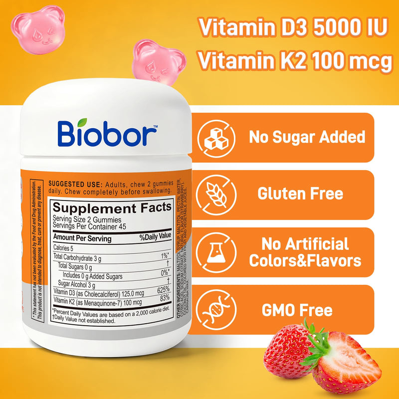 Biobor Natural Vitamin D3 K2 Gummies, 5000 IU D3 + 100 mcg MK-7, 180 Count | Strawberry Vitamin Gummies, Supports Bone & Immune Health. No Sugar Added, Non-GMO, Gluten-Free. Daily Wellness. 90 Count (Pack of 2)