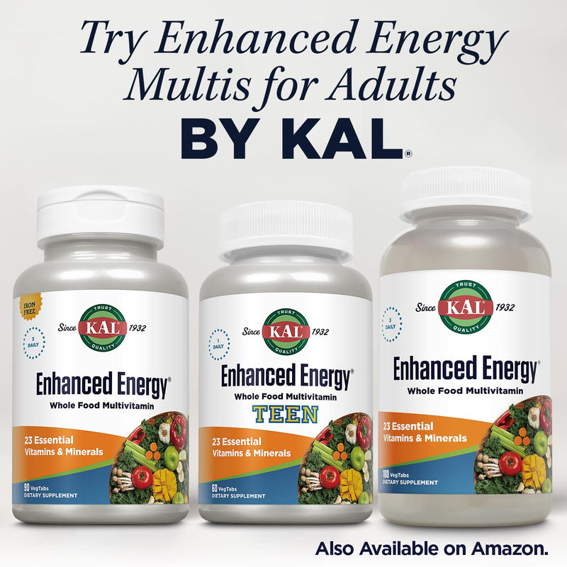 KAL Teens Enhanced Energy Supplements - Once Daily Whole Food Multivitamin w/Iron - 23 Vitamins and Minerals - Brain and Immune Support w/Super Foods - Vegetarian, 60-Day Guarantee, 60 Serv, 60 Tabs | Daily Supplement for Teens W/ 25 Essential Vitamins...