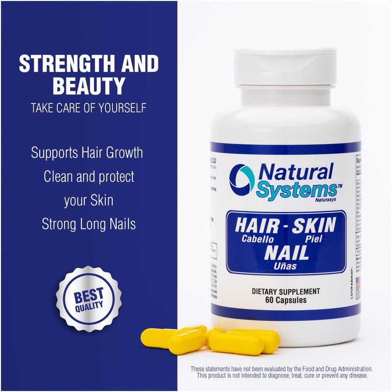 Hair Skin and Nails Supplement 60 Capsule by Natural Systems - Strong Nails and Hair Growth Vitamins for Women and Men - Natural Biotin Hair Skin and Nails Vitamin - Skin Protection Supplements