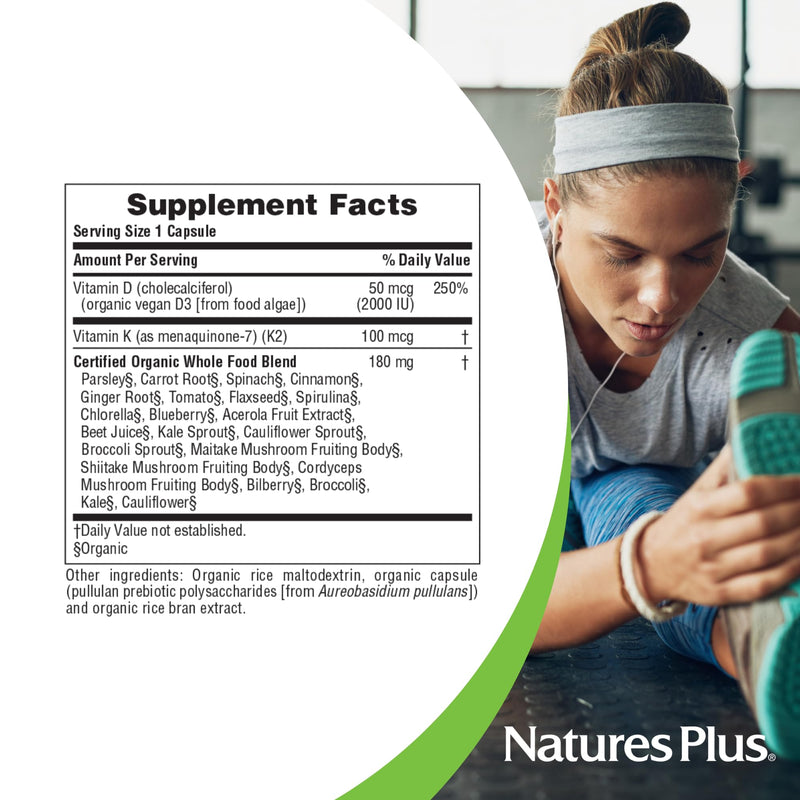 NaturesPlus Source of Life Garden Vitamin D3 & K2 - 60 Capsules - Immune System and Bone Support - USDA Certified Organic, Vegan, Gluten Free - 60 Servings