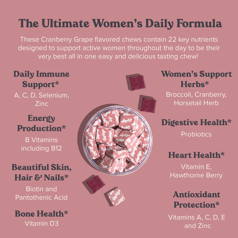 CHEWSY Women's Multivitamin - Immune & Energy Support - 23 Nutrients Including A, B12, C, Folic Acid, Probiotics, Biotin, Cranberry - 30-Day Supply Women's Multi 30 Count (Pack of 1)