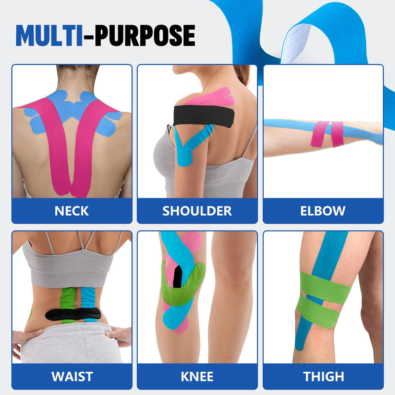 60PCS Precut Kinesiology Tape Strips, 6 Colors 2 inch x 10 inch Cotton Athletic Tape, Kinetic Tape, Elastic Muscle Tape, Sports Tape, Knee Tape for Exercise and Daily Use Skin Color, Light Blue, Green, Rose Red, Black, Red