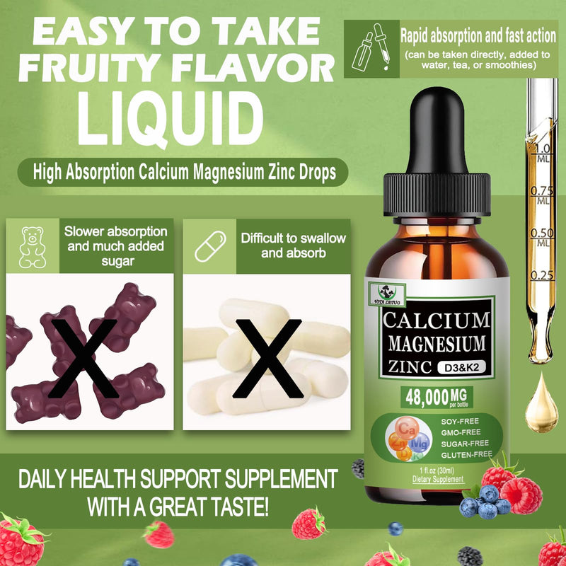 Calcium Magnesium Zinc Drops, 1200mg Calcium with Vitamin D3 K2 Magnesium for Bone,Teeth,Colon,Cardiovascular Health, High Absorption Liquid Calcium Supplement, Gluten Free,Non GMO
