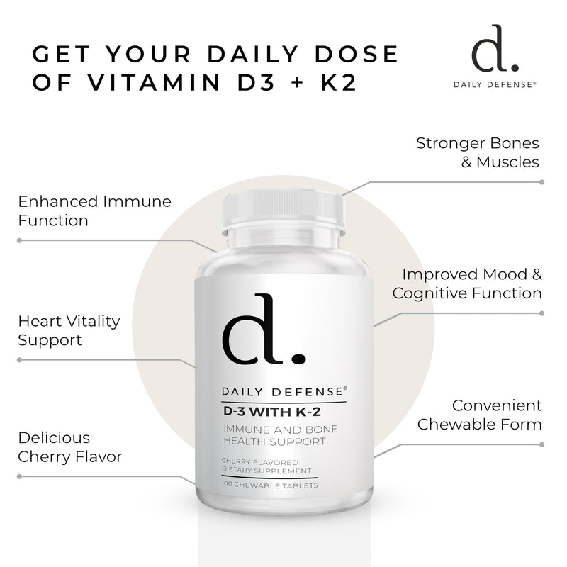 Immune Defense Supplements Vitamin D3 K2 2000IU for Heart Health, Daily Immune Support, Mental Clarity, & Muscle Function - 100 Chewable Tablets