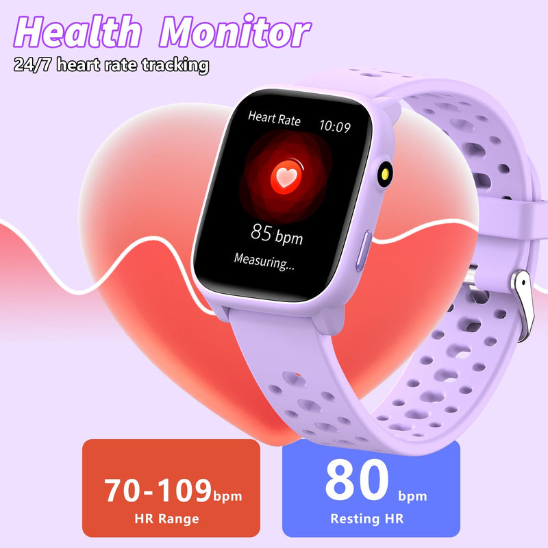 Smart Watch for Kids, 1.83" Fitness Tracker Watch Pedometer, Heart Rate, Sleep Monitor, IP68 Waterproof, Pedometer, Puzzle Games with/Without APP for Girls Boys Teens 6-16 Purple