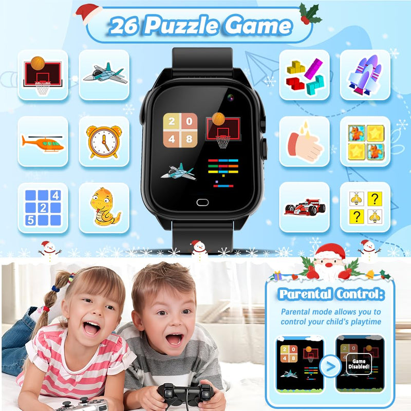 Waterproof Kids Smart Watch for 3-12 Years Old Boys Girls Toys with 26 Game Video Camera Pedometer Music Player Alarm Clock Calculator 1.44'' HD Touchscreen Electronic Learning Toys Birthdays Gifts 1.Black - BeesActive Australia