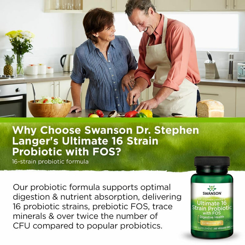 Swanson Dr. Stephen Langer's 16-Strain Probiotic with Prebiotic FOS for Gut-Health-Conscious Adults with 3.2 Billion CFU (60 Vegan Capsules, 4 Pack) 60 Count (Pack of 4)