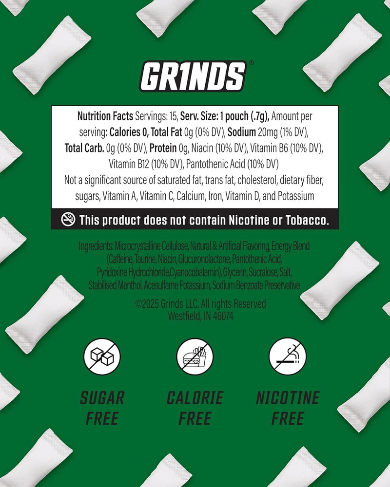 GRINDS Energy Pouches | Wintergreen Flavor | 3 Cans | 80mg Natural Caffeine Per Pouch | Sugar-Free & Zero Calories | With B-Vitamins | 18 Pouches Per Can Wintergreen 3