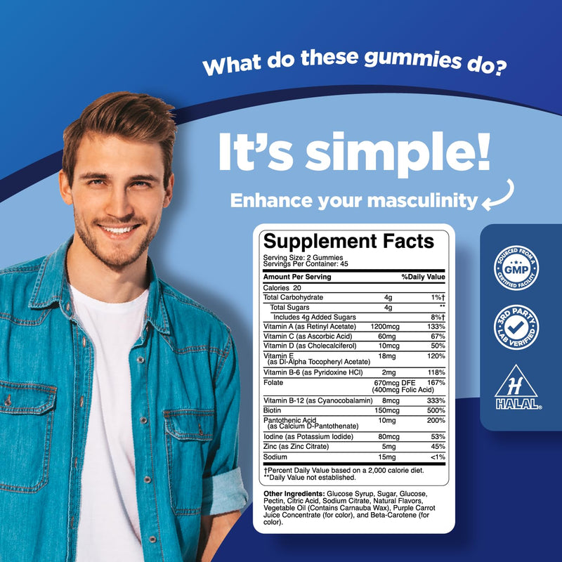 Phytoral Natural Multivitamin for Men Gummies with Zinc - Vitamin D C A & Biotin B6 B12 Full Health Supplement - 90 Count (Pack of 1)