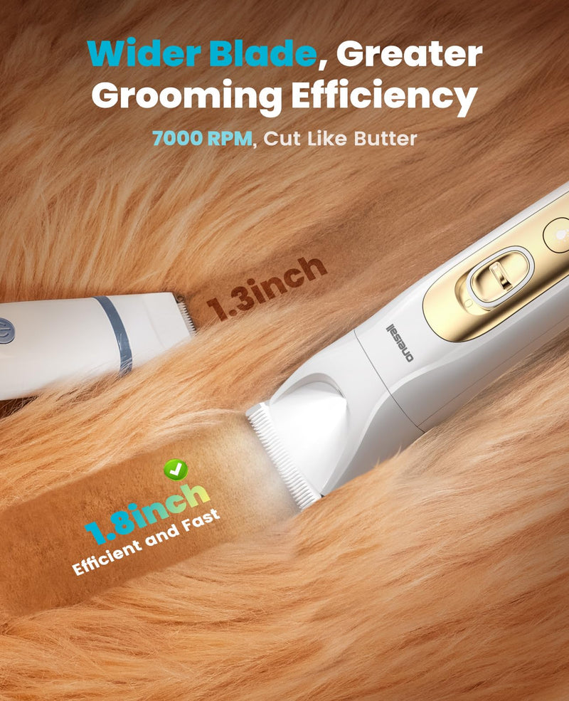 oneisall Quiet Dog Grooming Kit 4 in 1, LED Light Dog Nail Grinder, 2000mAh Pet Grooming Clippers Paw Trimmer for Paw, Nail, Face, Ears, Legs, Body with Storage Bag Gold - BeesActive Australia