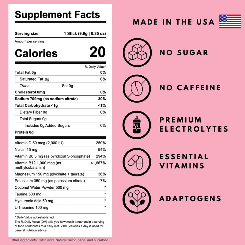 Glow Electrolyte Drink Mix for Women with Hyaluronic Acid, Vitamin B12 + B6, L-Theanine & Taurine – No Sugar, No Caffeine (Pink Lemonade Flavor) 24 Count 24 Count (Pack of 1)