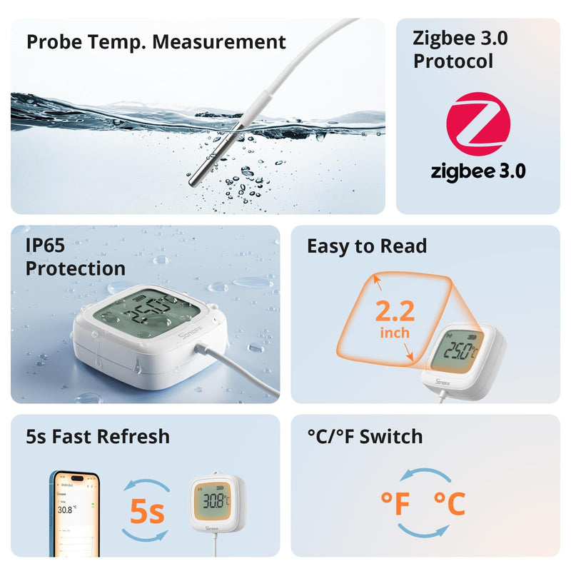 SONOFF SNZB-02LD Zigbee Waterproof Temperature Sensor with 1.5M Stainless Steel Probe, LCD Display, -40~115°C Range, APP Monitoring, Magnetic Mount, Works with Zigbee Hub - BeesActive Australia