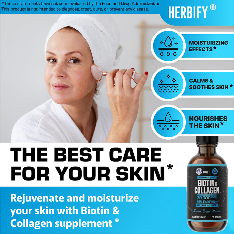 HERBIFY Liquid Biotin and Collagen Drops for Women & Men, 30 Days of Supply - Support Hair, Skin & Nails - Liquid Collagen for Women - 2 FL Oz Made in USA 2 FL Oz Unflavored