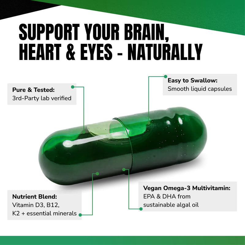 VEDGE Vegan Omega 3 Supplement, Vegan Multivitamin, Women and Men, 30 Day | Omega 3, Plant Based Algal EPA And DHA With Vitamin D3, B12, K2, Magnesium, Zinc, Selenium, Vitamin Supplements, Daily Supply