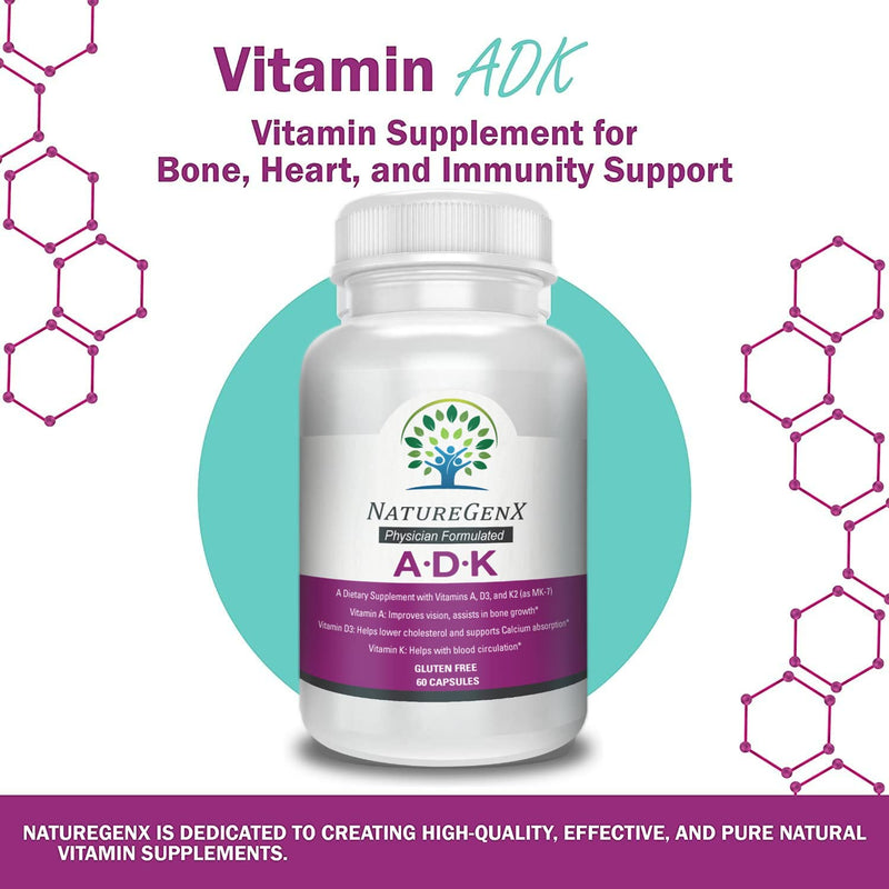 ADK Vitamin Supplement 5000 IU - High Potency Vitamins A, D3, and K2 for Bone Health and Calcium Absorption | Gluten-Free Vitamin ADK Supplement, 60 Day Supply, 60 Capsules 60 Count (Pack of 1) - BeesActive Australia