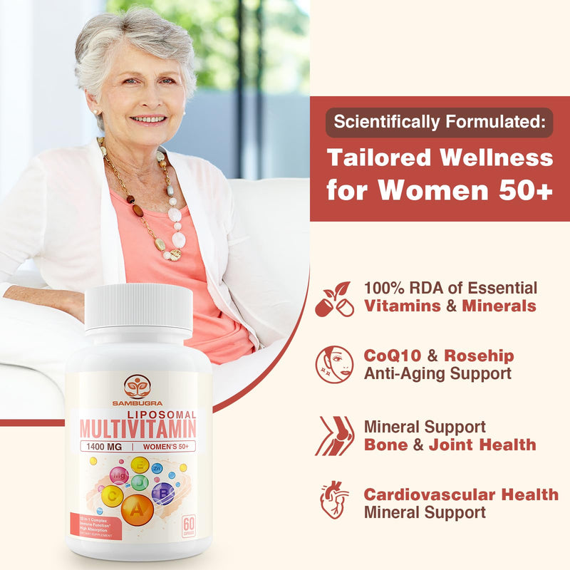Sambugra Liposomal Multivitamin for Women 50+ - Women Daily Multivitamin with 32 Ingredients, CoQ10, Vitamins C, B, D, E for Cardiovascular & Bone Health Support - Iron-Free (60 Capsules) 60 Count (Pack of 1)