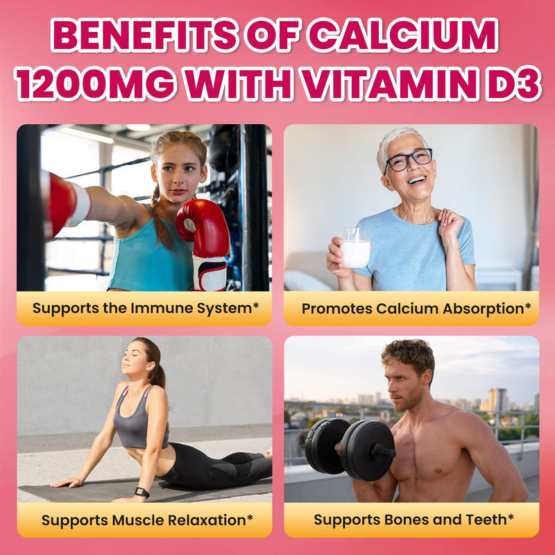 Calcium Citrate Gummies - 1200mg Calcium Gummies Supplements for Women & Men with Vitamin D3, K2, Magnesium, Zinc High Absorption for Bone, Muscle & Immune Support, Raspberry Flavor, 120 Count 60 Count (Pack of 2)