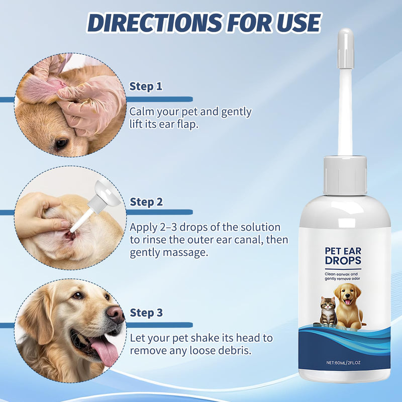 Ear Cleaner for Dogs & Cats, Dog Ear Drops for Soothes Itchy and Wax Build Up, Control Ear Odor, Gently Reduces Discomfort, 60 ml