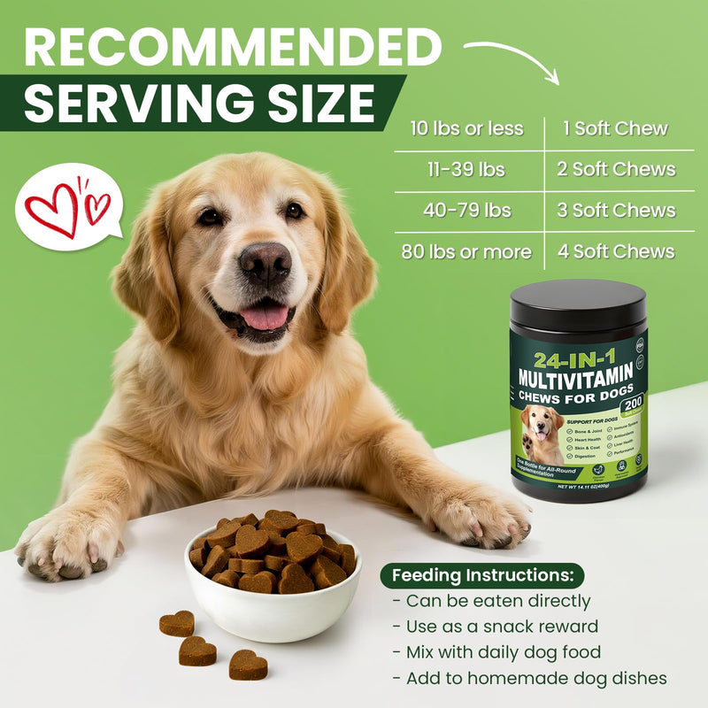 24-in-1 Dog Multivitamins Chewable, 200 Count Dog Vitamins and Supplements with Glucosamine Chondroitin Probiotics Omega-3 for Skin Coat Hip Joint Heart Liver Brain Eye Support - Chicken