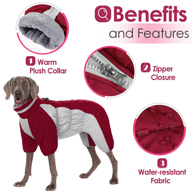 AOFITEE Fullbody Dog Coat Dog Jacket, Windproof Dog Winter Coat with Harness Built In, Reflective Turtleneck Dog Snow Jacket Snowsuit, Four-Legged Puffer Coat for Small Medium Large Dogs M Burgundy - BeesActive Australia