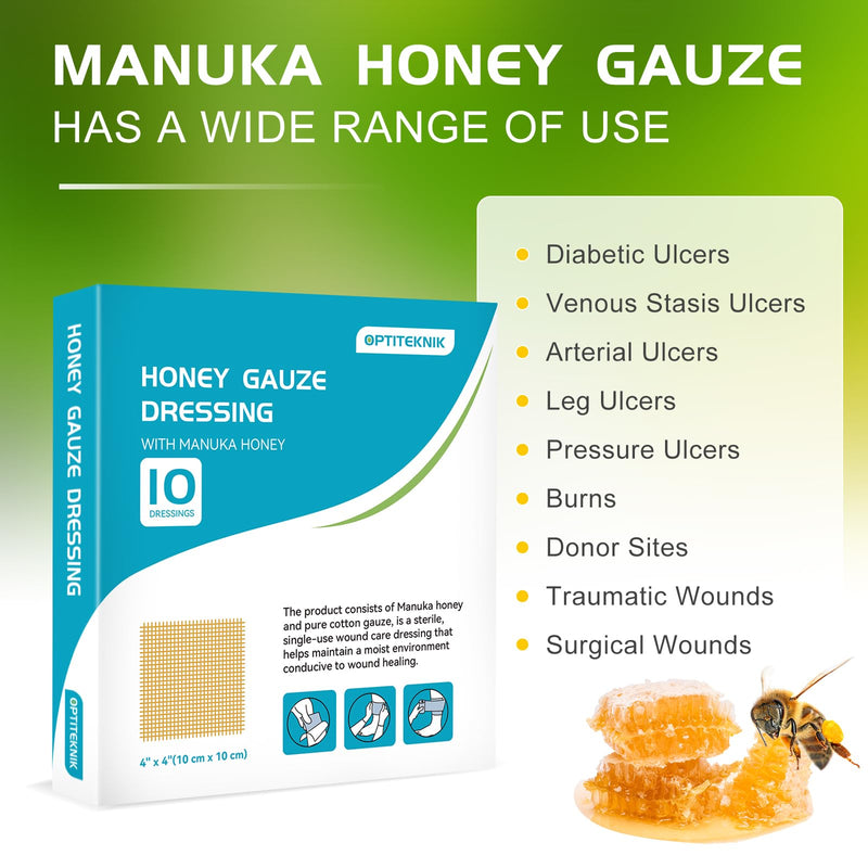Manuka Honey Gauze Dressing 4"x4"(Pack of 10), Manuka Honey Wound Care Bandage for Cuts, Scalds and Burns, Wound Dressing Products 4"x4" pack of 10