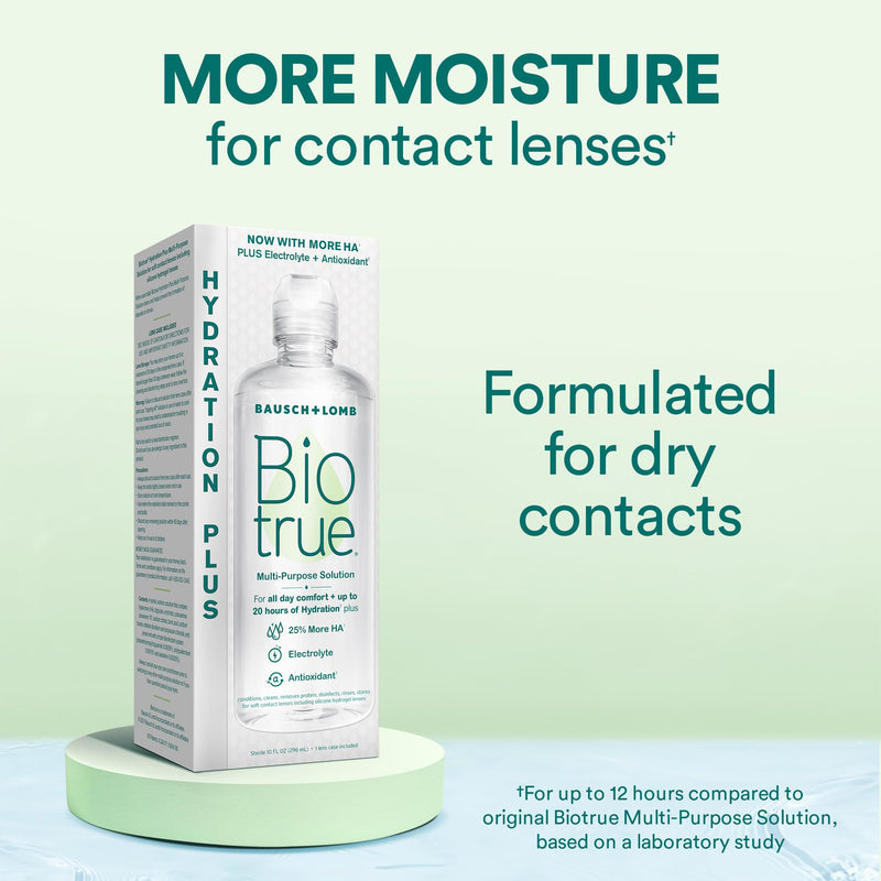 Biotrue Hydration Plus Contact Lens Solution with Lens Case, Multi-Purpose Solution for Soft Lenses, Hydrates with Hyaluronan, Cleans, Clears, and Disinfects for All-Day Comfort, 10 Fl Oz (Pack of 1) 10 Fl Oz (Pack of 1)