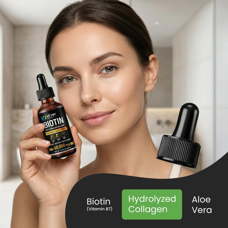 Liquid Biotin & Collagen Drops with Aloe Vera – Unique Formula 60,000 mcg - Vitamins for Hair Growth support, Strong Nails & Radiant Skin – Liquid Collagen Supplement for Women & Men – 2 fl oz