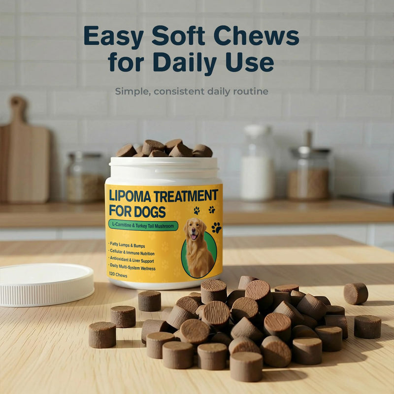 Lipoma Treatment for Dogs, L-Carnitine & Mushroom Soft Chews for Lumps and Bumps, Supports Fat Metabolism, Immune & Cellular Wellness, Omega-3 & CoQ10 Dog Supplement
