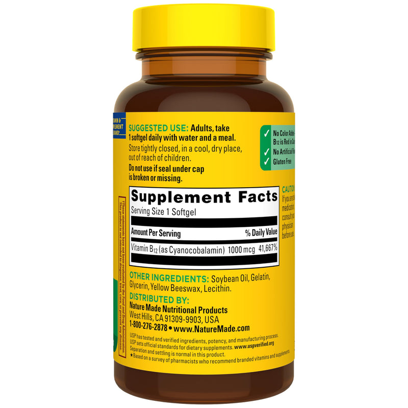 Nature Made Vitamin B12 1000 mcg, Energy Metabolism Support, 90 Softgels | B12 Vitamins 1000 mcg, Energy Metabolism Support Supplement for Women and Men, Gluten Free, 90 Day Supply 90 Count (Pack of 1)