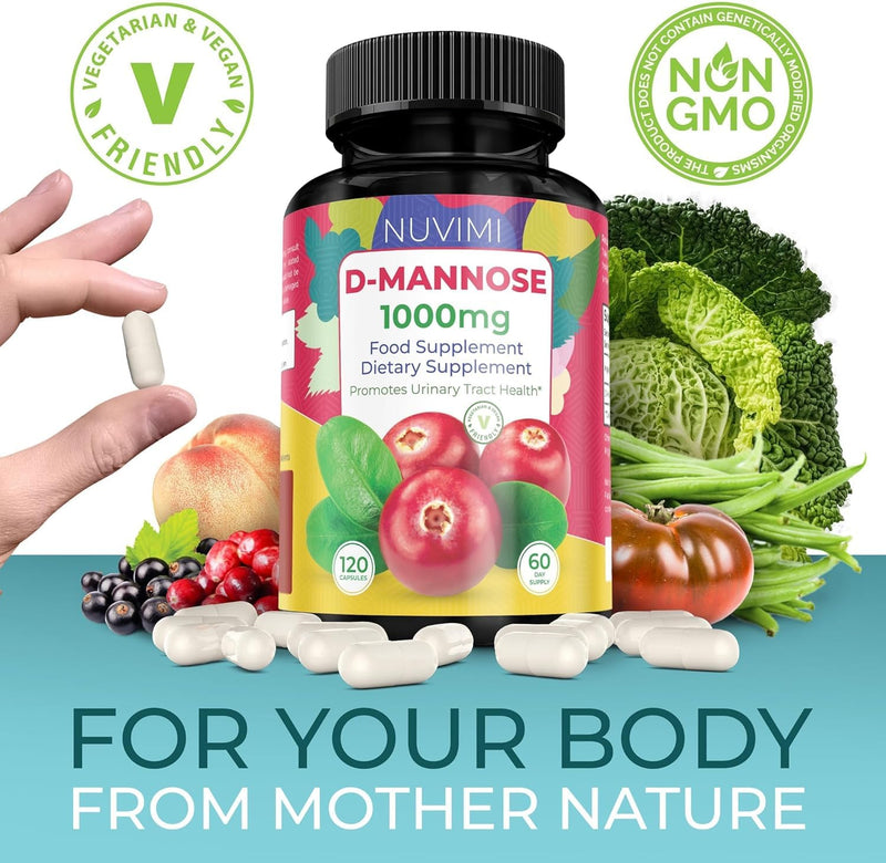 D Mannose 120 Capsules - 1000 mg per Dose - Dietary Supplement | NUVIMI® easy-to-swallow vegan capsules helps block bacteria stickiness for urinary health with no chalky powder. 120 Count (Pack of 1)