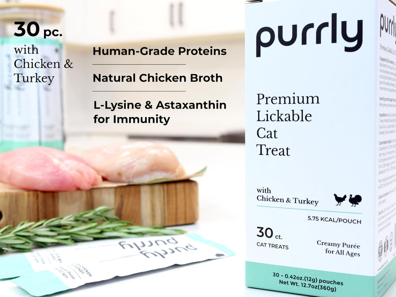 Purrly Interactive Lickable Cat Treats Low Calorie Human-Grade Chicken Breast & Turkey with L-Lysine & Astaxanthin for Immunity (30 Count) Non-Seafood Hydrating BPA-Free for All Ages - BeesActive Australia