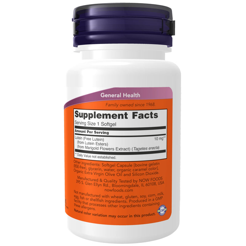 NOW Foods Supplements, Lutein 10 mg with 10 mg of Free Lutein from Lutein Esters, 60 Softgels 60 Count (Pack of 1)