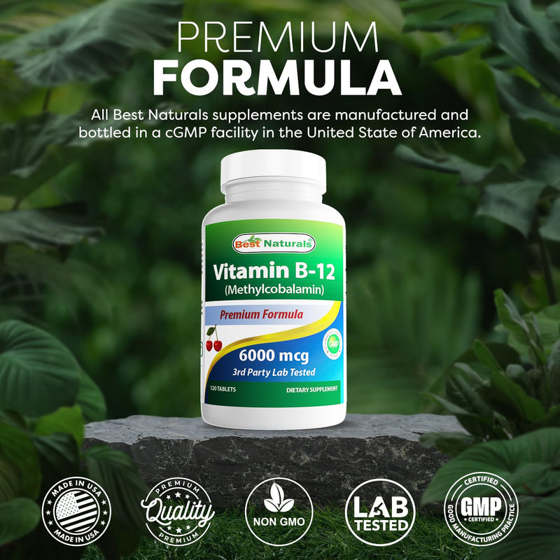 Best Naturals Vitamin B-12 as Methylcobalamin (Methyl B12), 6000 mcg 120 Sublingual Tablets (120 Count (Pack of 3)) Cherry 120 Count (Pack of 3)