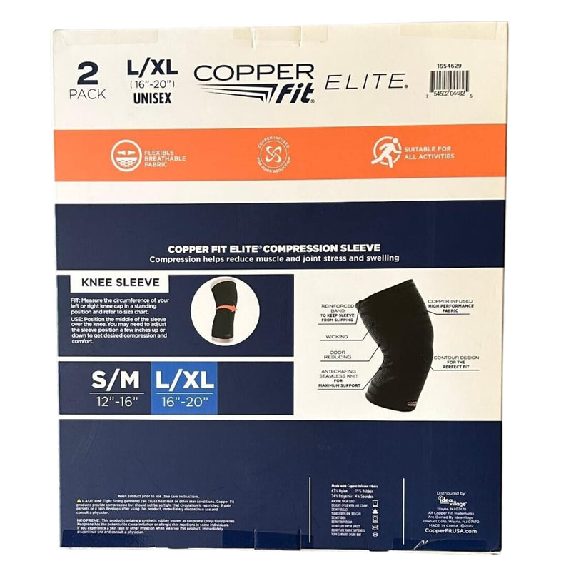 Copper Fit Elite Knee Compression Sleeve Knee Brace 2-Pack, Black (Large/X-Large, 16''-20''),2.0 Count Large/X-Large 2 Pack