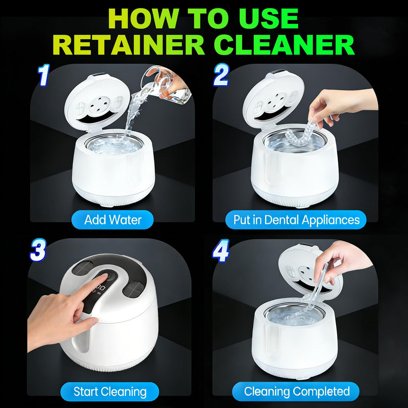 Ultrasonic Retainer Cleaner Machine 48kHz, 200ml Dental Cleaning Pod for Retainers,Aligners,Mouthguards,Toothbrush Heads,Jewelry,Portable Denture Cleaner