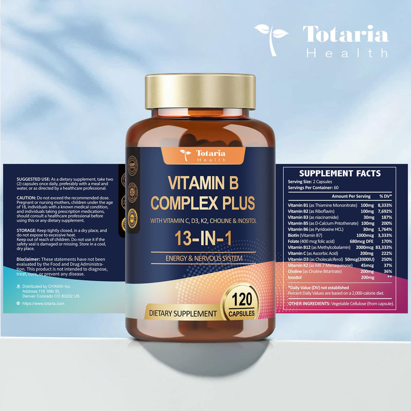 13-in-1 Vitamin B Complex Plus with Vitamin B1, B2, B3 (Niacinamide), B4, B5, B6, B7 (Biotin), B8 (Inositol), B9 (Folate), B12, C, D3, K2 - Energy, Nerve, Immune, Skin Support - 120 Vegan Capsules 1