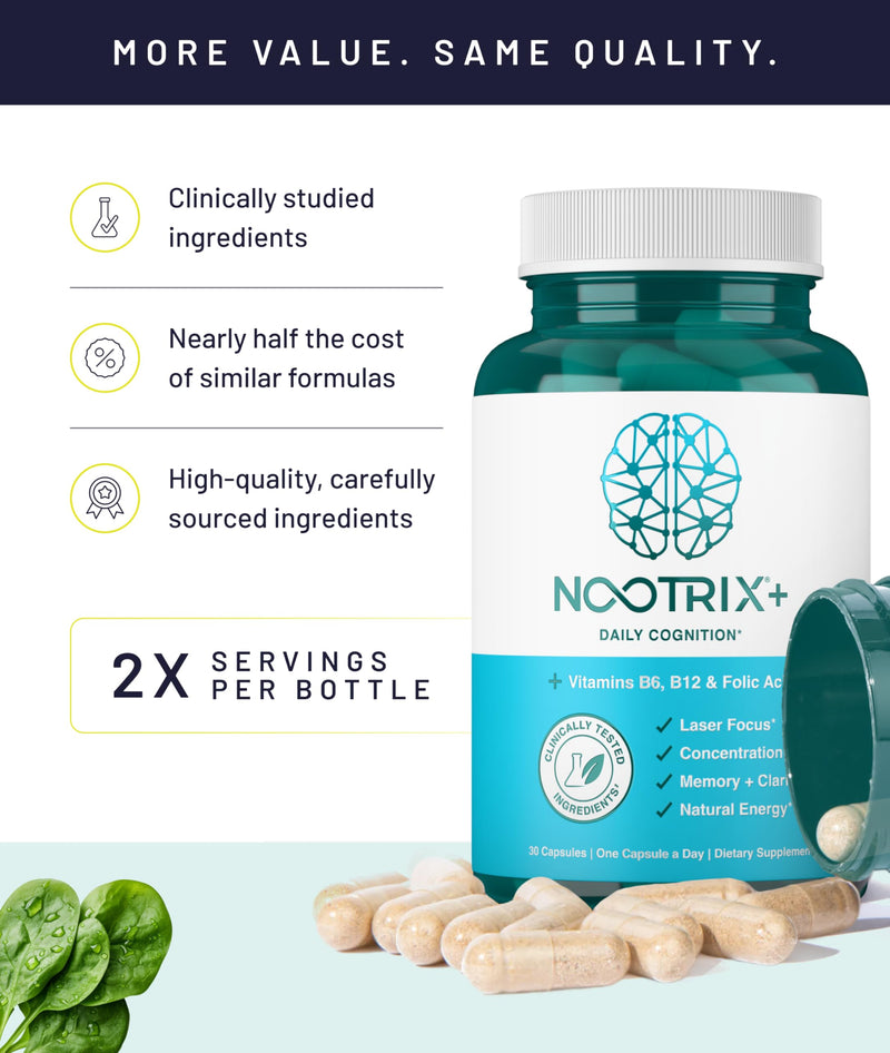 Nootrix Brain Plus Nootropic Supplement | 30 Day Supply | Supports Memory, Mental Focus, Cognitive Health & Energy | Promotes Healthy Mood & Brain Function | Vitamin B1, Vitamin B6 & Vitamin B12 30 Count (Pack of 2)
