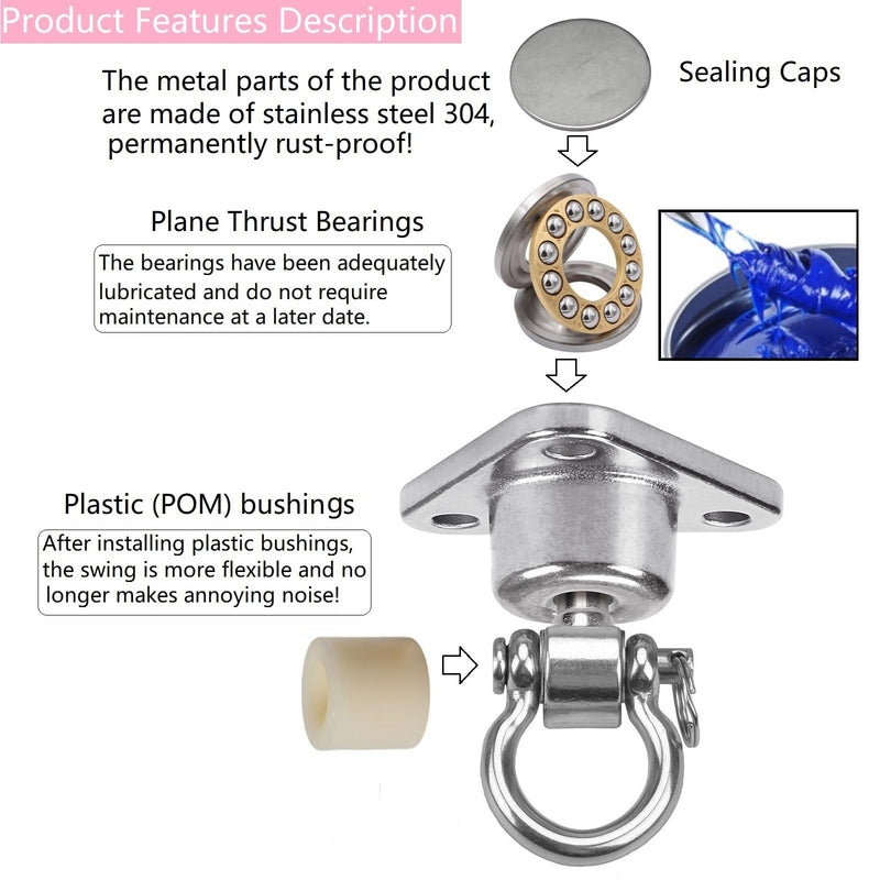 Silent Bearing Swing Hanger Heavy Duty, SUS Rust Proof, 1500LB Capacity 360 Degree Rotation, Playground Porch Yoga, Sandbag, Gym (3 Wooden Screws) - BeesActive Australia