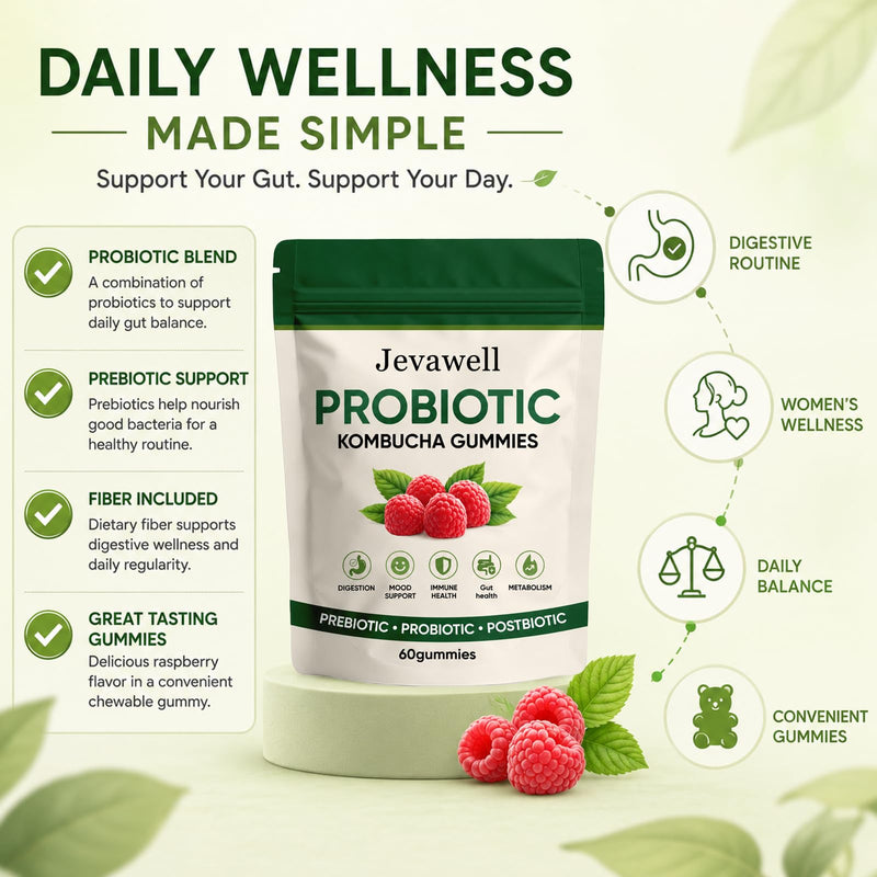 Jevawell Kombucha Gummies with Prebiotics & Fiber, Infuse Probiotic Kombucha Gummies for Women with Slippery Elm, Dandelion Root & MCT Oil, Daily Digestive Wellness Supplement, 60 Gummies 1