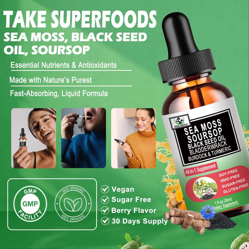 Sea Moss Black Seed Oil Soursop Liquid Drops with Bladderwrack Burdock Root Turmeric - Multimineral & Vitamins Superfood Drops Organic Non-GMO for Immune & Digestive & Cell Support Skin Hair