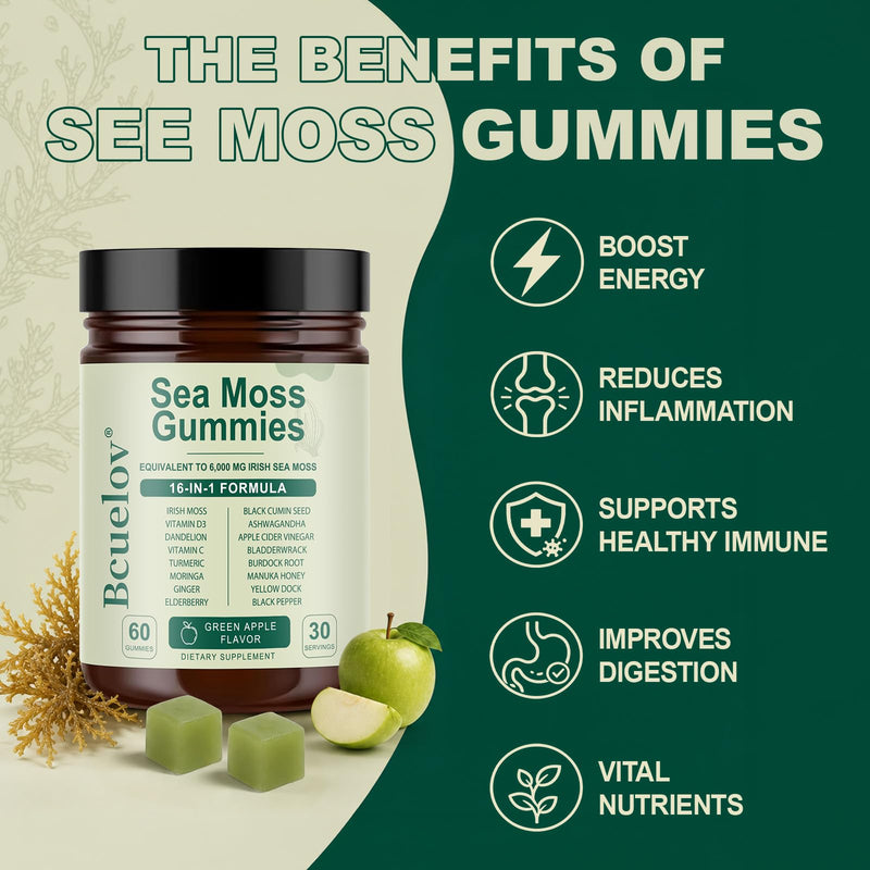 Sea Moss Gummies, 16-in-1 Blend with Ashwagandha, Black Seed Oil, Bladder Wrack, Turmeric, Vitamin C & D3, Manuka Honey, Burdock Root, Dandelion, Yellow Dock, Elderberry - Green Apple Flavor
