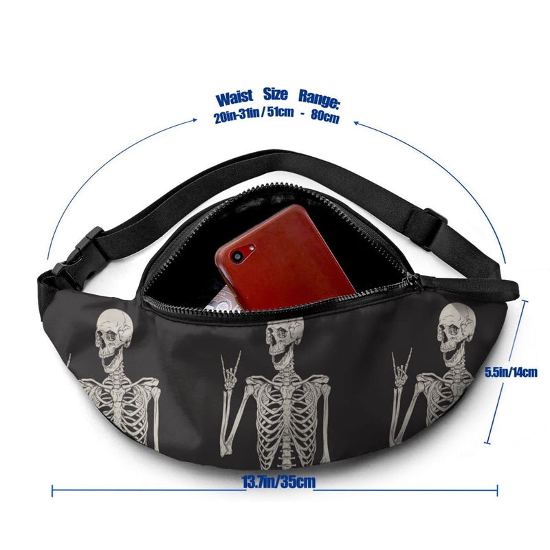 Rock And Roll Skeleton Skull Boho Hippie Fanny Pack For Women Man Sport Waist Pack Bag Adjustable Workout Waist Bag, Black 4, One Size