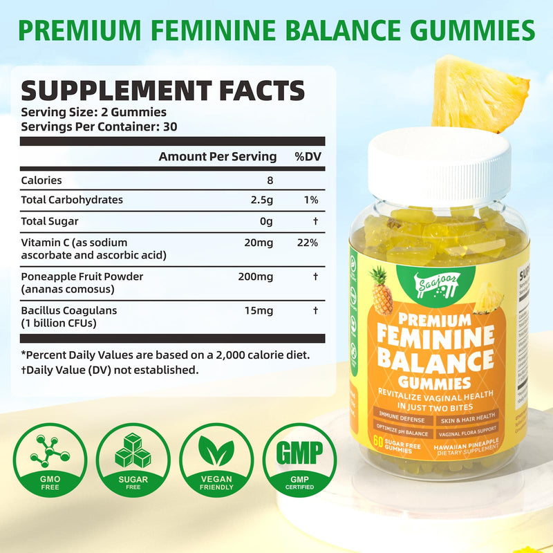 Premium Feminine Balance Gummies for Women's Immune Health, Hawaiian Pineapple Gummies Support pH Balance & Immune Support, Vegan, Gluten-Free, 60 Gummies ﻿ 1pack