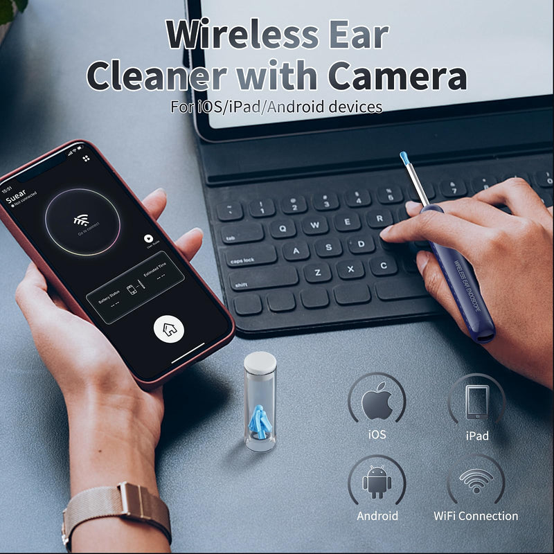 Ear Wax Removal, Ear Cleaner with Camera and Light, Ear Wax Removal Kit with 8 Pcs Set, Ear Wax Removal Tool Camera with 1080P, Ear Cleaning Kit with 6 Spoons, Ear Camera for iOS & Android (Blue) Blue - BeesActive Australia
