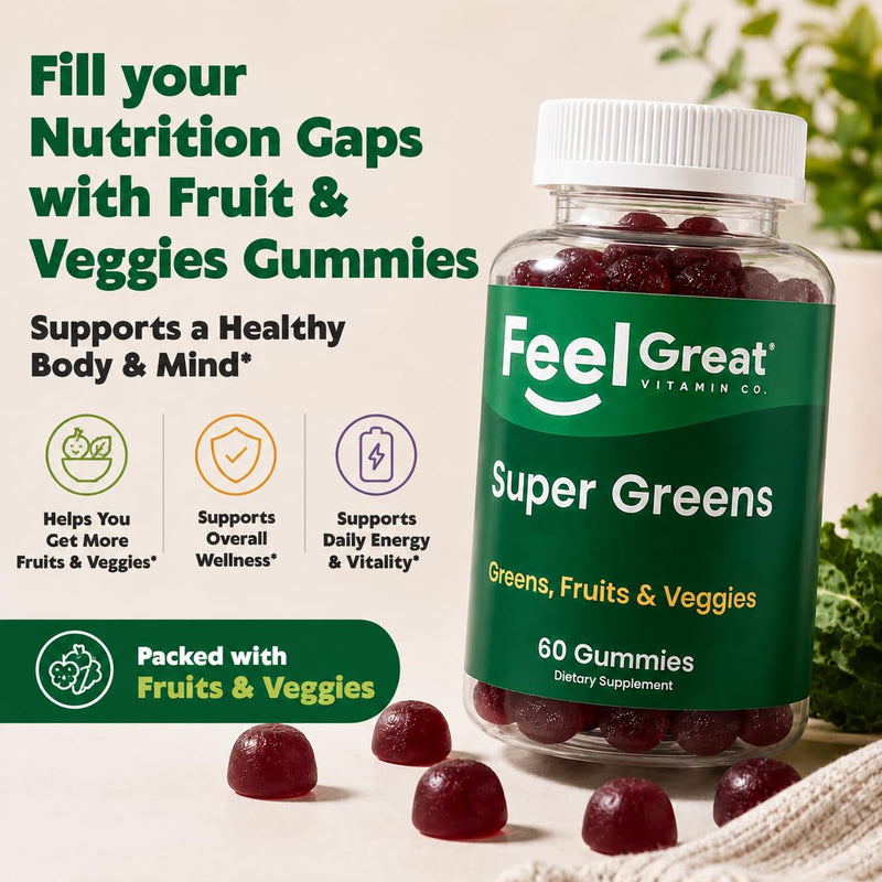 Feel Great Super Greens Gummies for Adults, Spirulina & Spinach Blend, 60ct | Spirulina, Chlorella, Spinach, Kale & Elderberry Blend, Watermelon Flavor, Immune Support for Adults