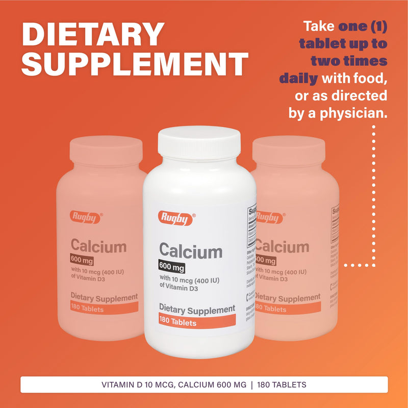 Rugby 600mg Calcium Tablets - Made with 10mcg (400IU) of Vitamin D3 - Dietary Supplement - 180 Count (1 Pack) 1 Count (Pack of 180)