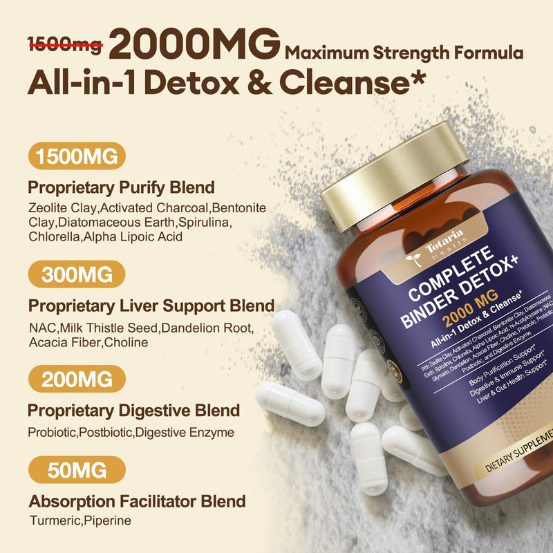 2000MG All-in-1 Detox Binder, Activated Charcoal, Zeolite, Bentonite Clay, Alpha Lipoic Acid, 7-Layer Detox & Cleanse Supplement, Liver & Gut Support, 120 Counts - BeesActive Australia