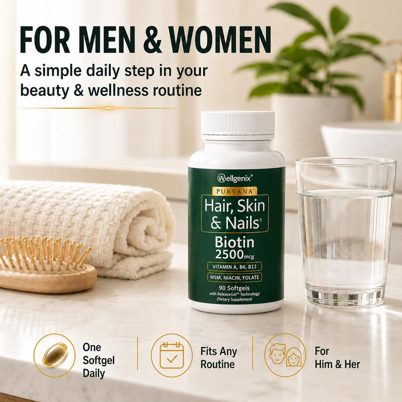 Wellgenix Purvana Hair Skin and Nails Supplement – 2500mcg Biotin Softgels with MSM & B-Complex – Daily Beauty Support for Stronger Nails & Hair Vitality – 90 Softgels | MSM, alpha lipoic acid & grape seed softgels for thicker-looking hair, stronger-lo...