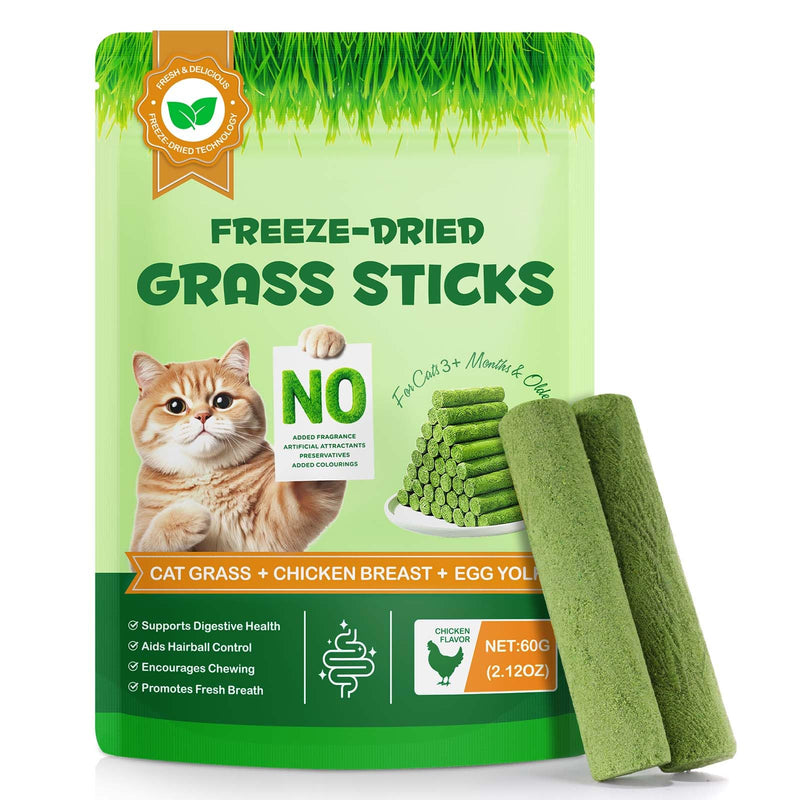 Cat Grass Treats 60g, Cat Grass Teething Stick, Freeze Dried Edible Cats Chew Toy Cats Treats Snack for Teeth Cleaning and Hairball Removal